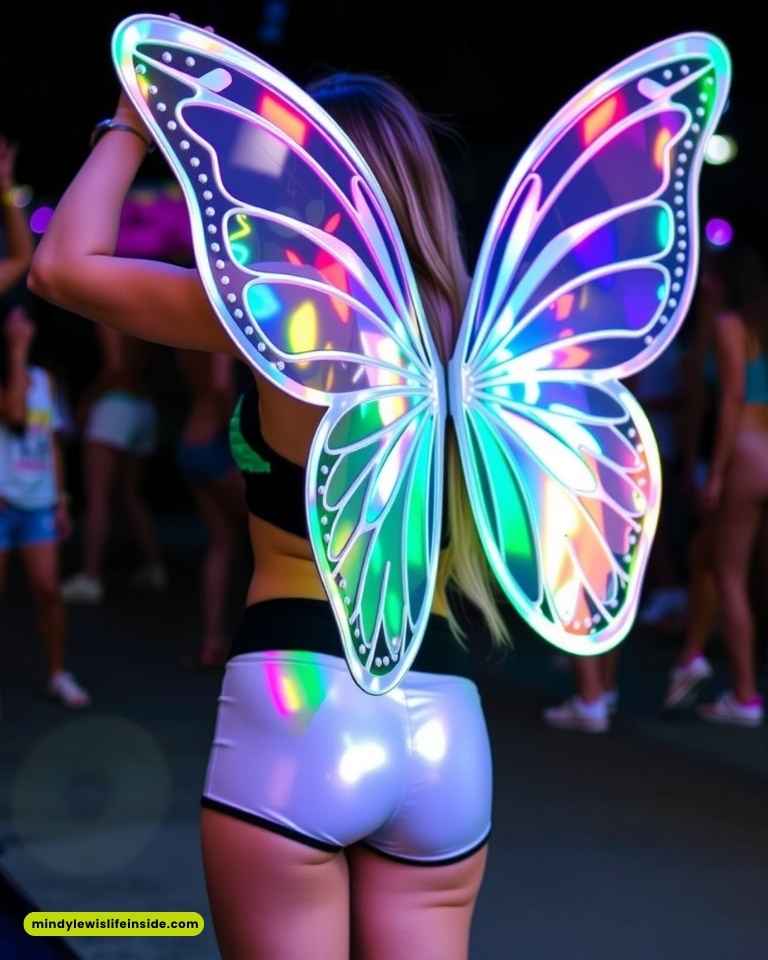 A person in glowing, iridescent butterfly wings stands in a nighttime party scene. Their outfit is reflective, creating a vibrant, lively atmosphere.
