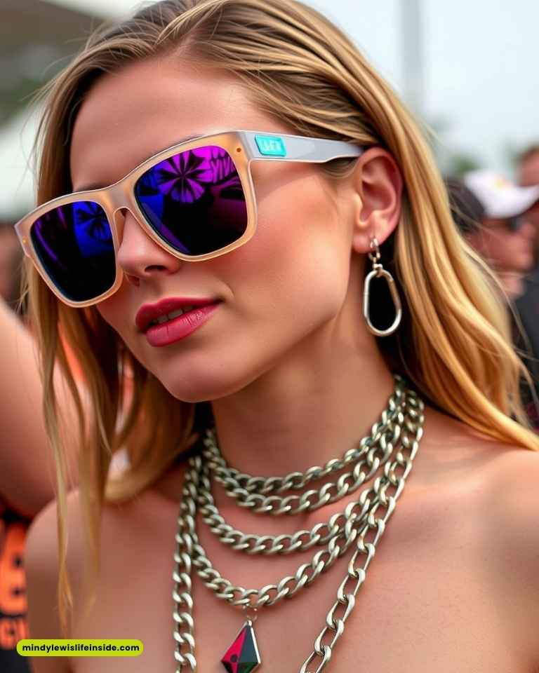 A woman with long blonde hair wears reflective sunglasses, showing palm tree reflections. She has vibrant red lipstick, hoop earrings, and chunky necklaces.