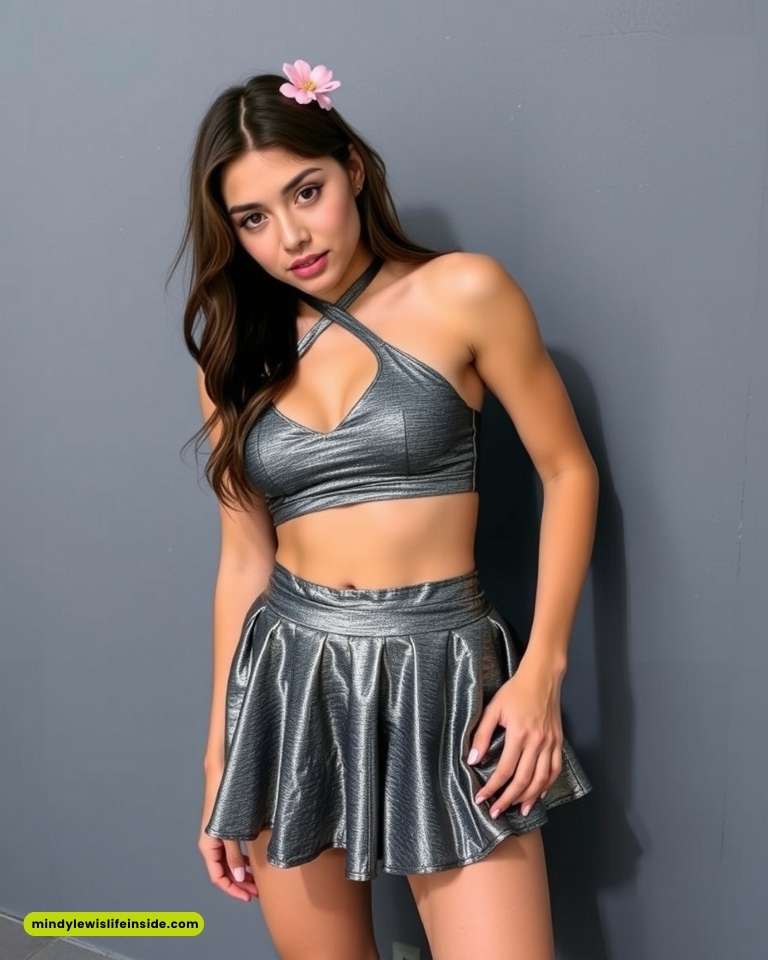 Young woman in a metallic silver crop top and skirt, standing against a gray wall. A pink flower adorns her hair. She looks confident and stylish.