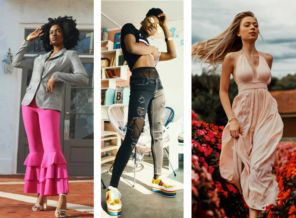 Three women showcase diverse 2025 fashion styles: ruffled pink pants with blazer, distressed jeans with crop top, and a flowing satin dress.