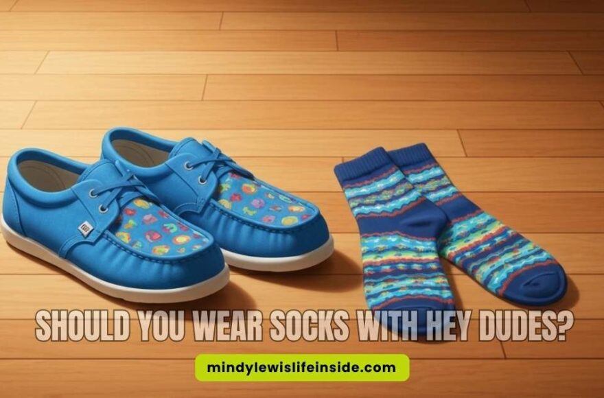 Visual discussing the appropriateness of wearing socks with shoes, particularly Hey Dudes brand.