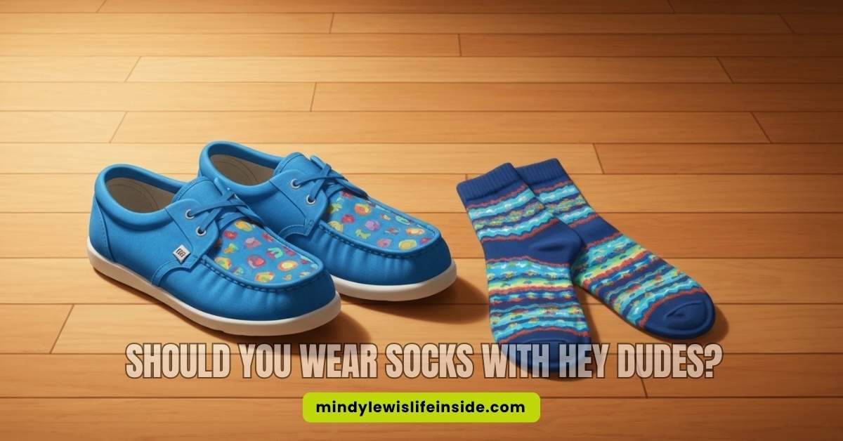 Visual discussing the appropriateness of wearing socks with shoes, particularly Hey Dudes brand.