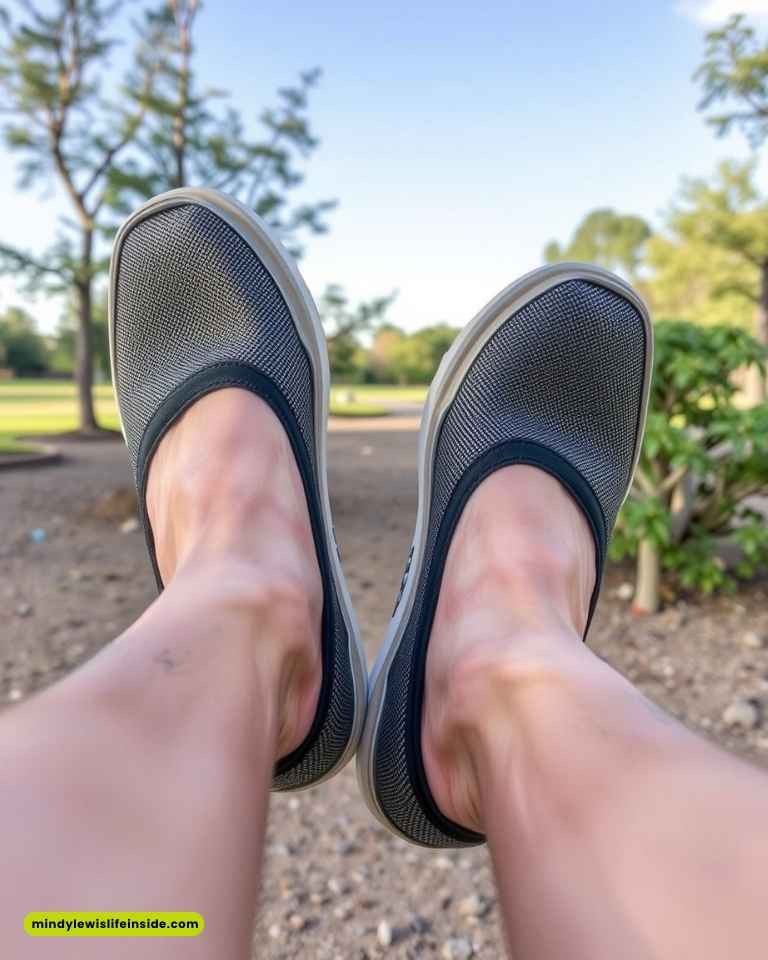 A person in blue shoes swings joyfully, showcasing a casual and playful outdoor moment.