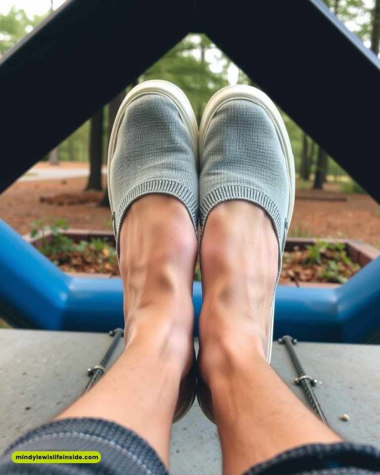 A person in blue shoes swings joyfully, showcasing a casual and playful outdoor moment.