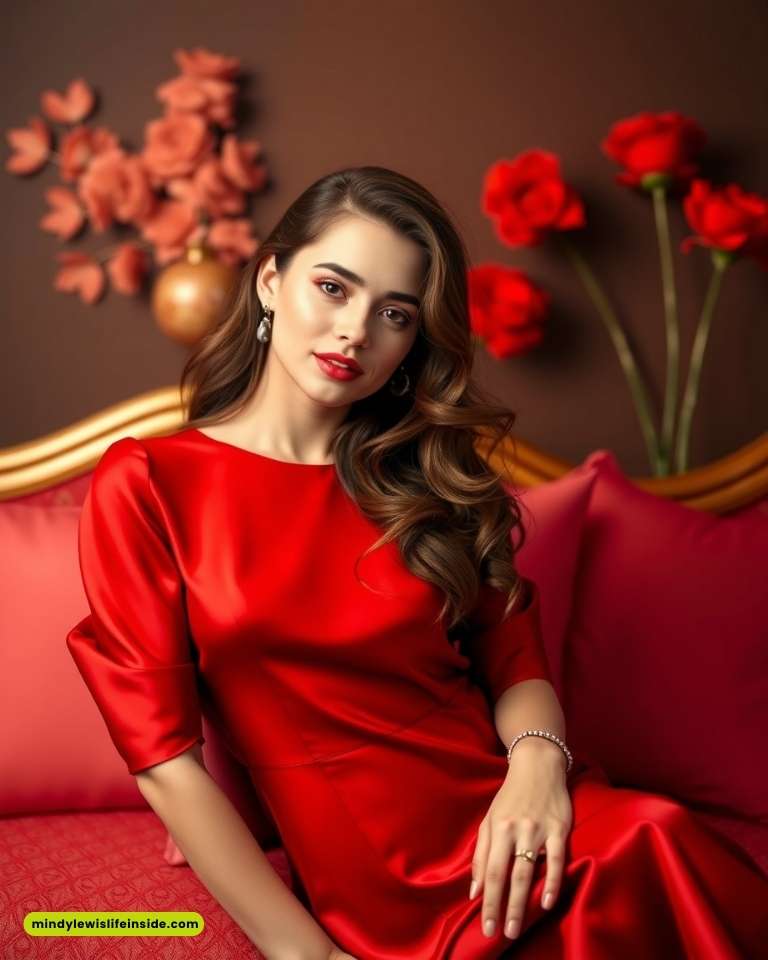 A woman in a red dress sits on a red couch with matching pillows. She has long wavy hair and red lipstick. Red flowers are visible in the soft-focus background.