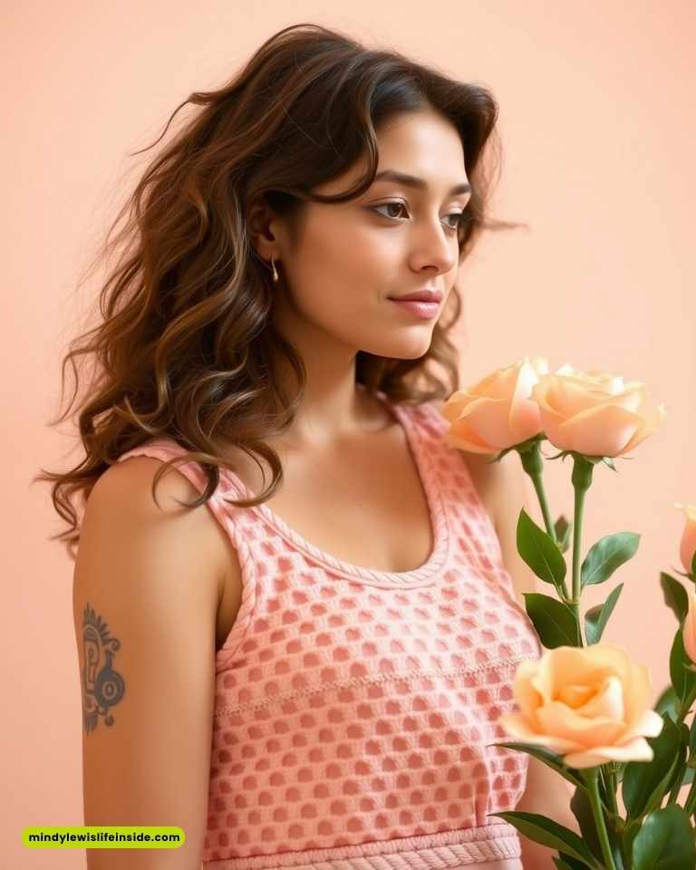 A woman with wavy hair in a pink dress stands against a soft peach background, holding yellow roses. She appears calm and thoughtful, conveying serenity.