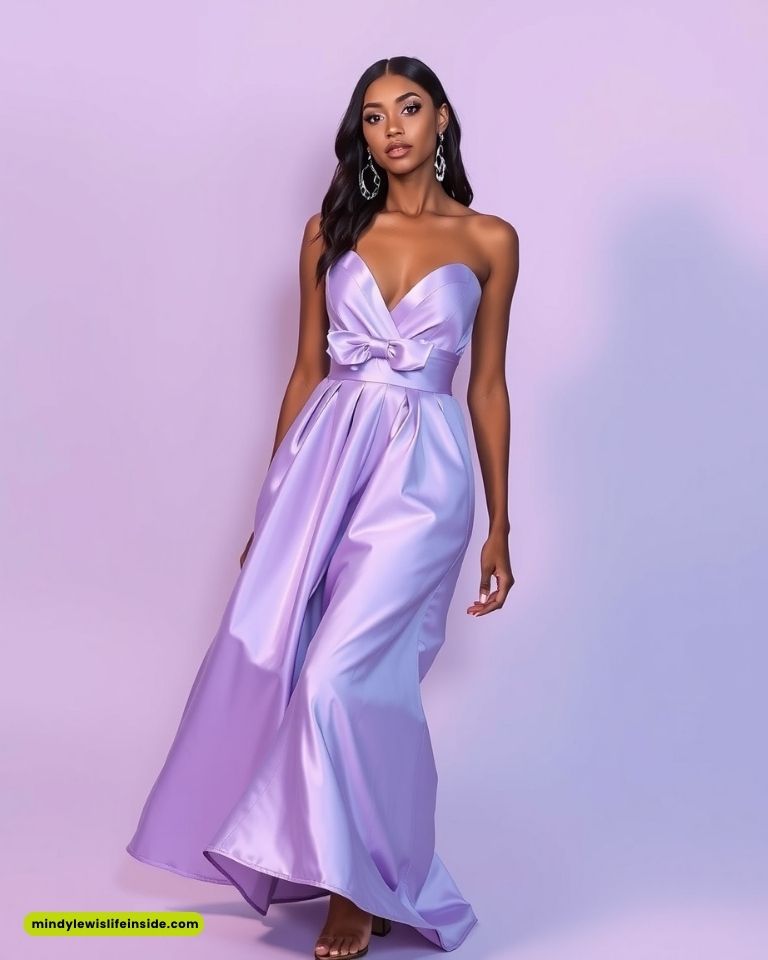 A person wearing a strapless, silky lavender gown with a large bow at the waist stands against a matching lavender background, exuding elegance and confidence.