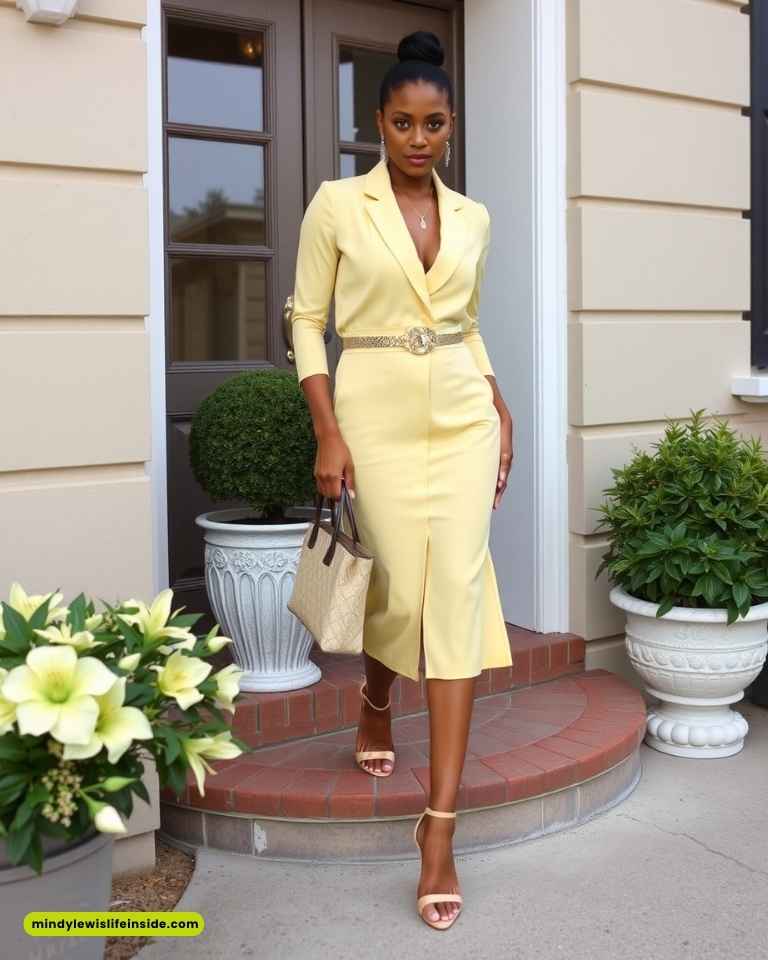 Elegant woman in a yellow dress walks confidently on a porch. She carries a beige handbag and wears matching heels. Flowers and shrubs surround the entrance.