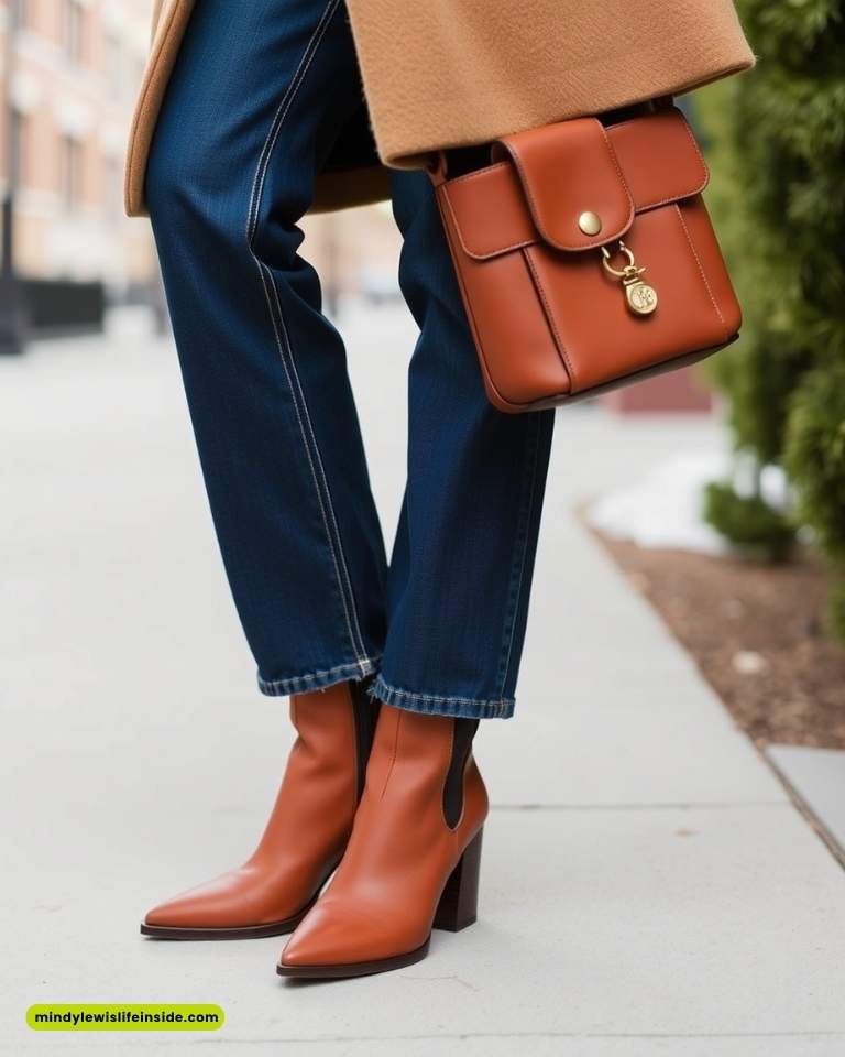 A woman dressed in blue jeans and a tan coat carries a brown bag, exemplifying fashion tips for wide leg jeans.