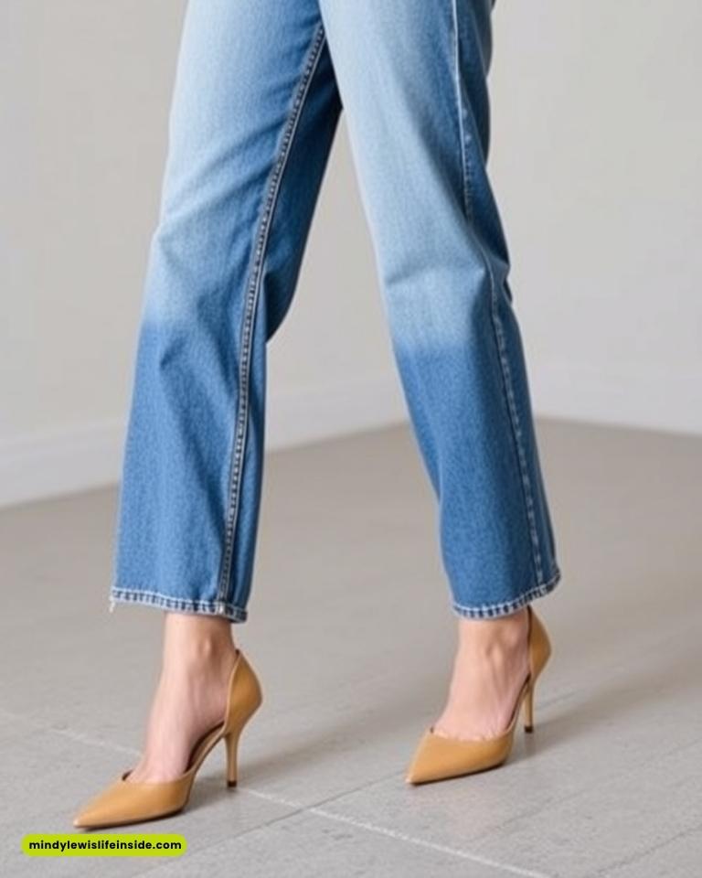 A woman models high rise jeans paired with stylish heels, showcasing a trendy outfit for wide leg jeans.
