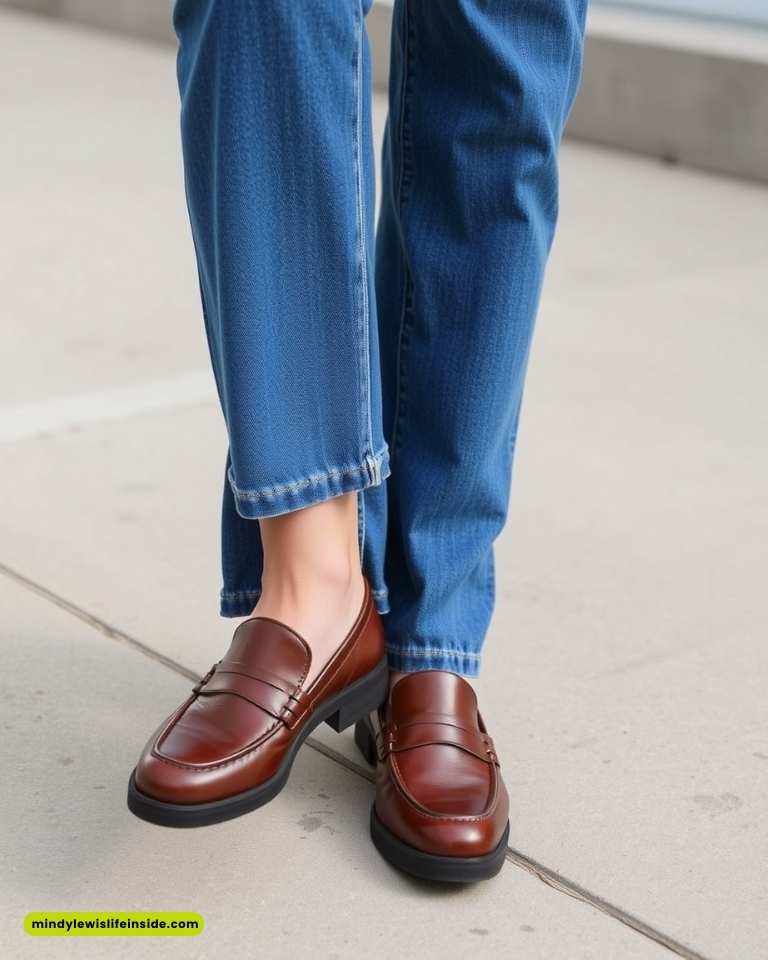 A woman in blue jeans and brown shoes, showcasing a stylish outfit suitable for wide leg jeans.