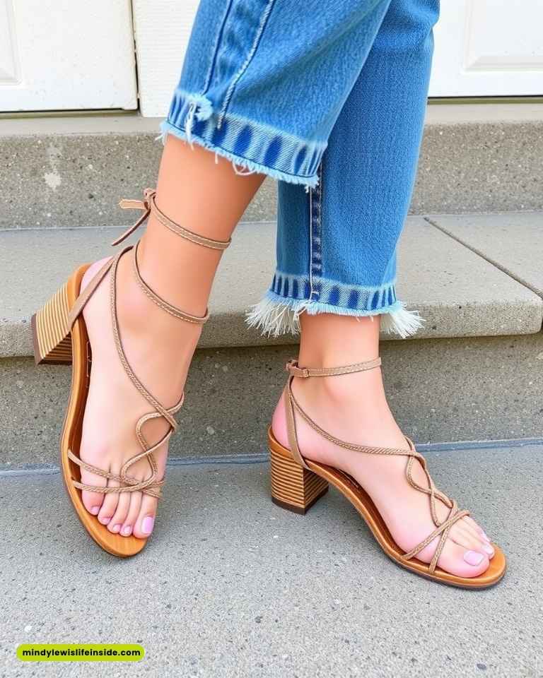 A woman wearing jeans and sandals, demonstrating a fashionable look for pairing with wide leg jeans.