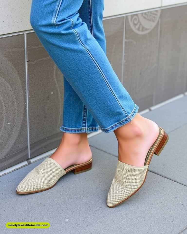 A woman in jeans and sandals, showcasing a stylish look for pairing with wide leg jeans.