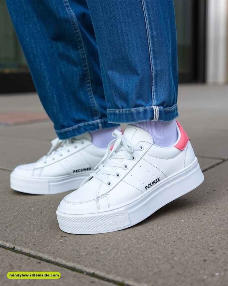 A person wearing white sneakers paired with blue jeans, showcasing a stylish look for wide leg jeans.