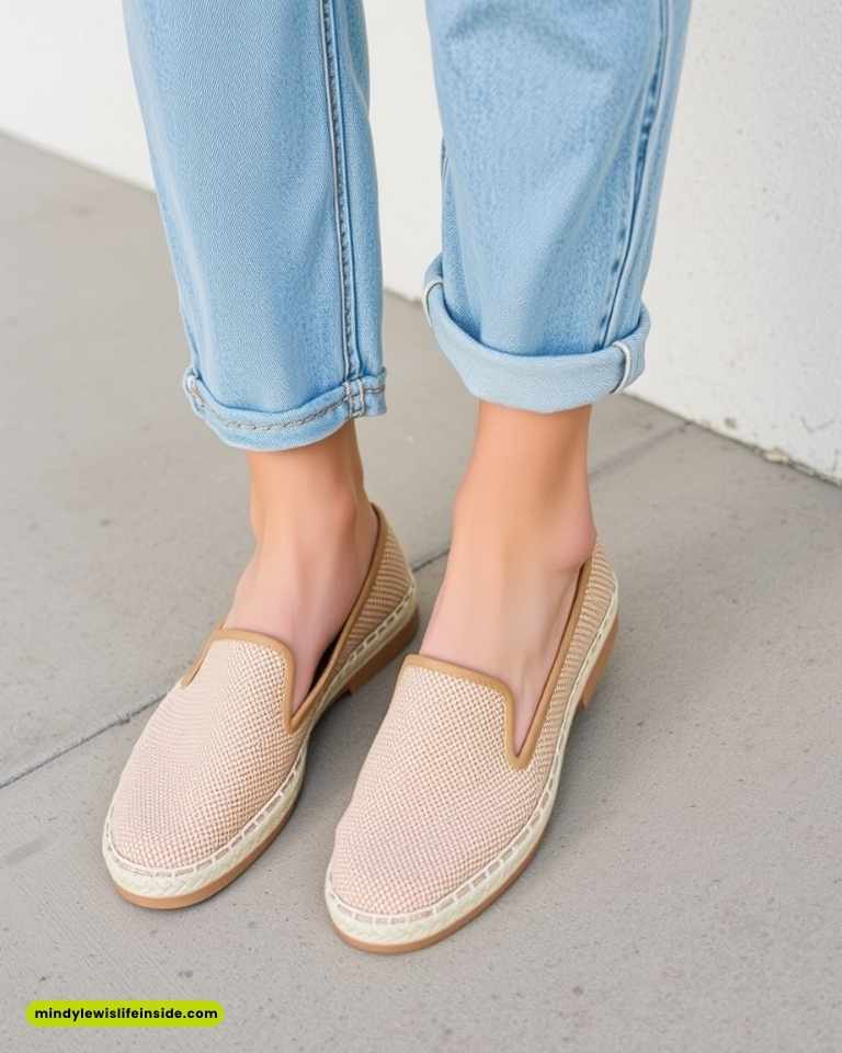 Comfortable loafer crafted from soft fabric, featuring a leather sole, perfect for wide leg jeans outfits.