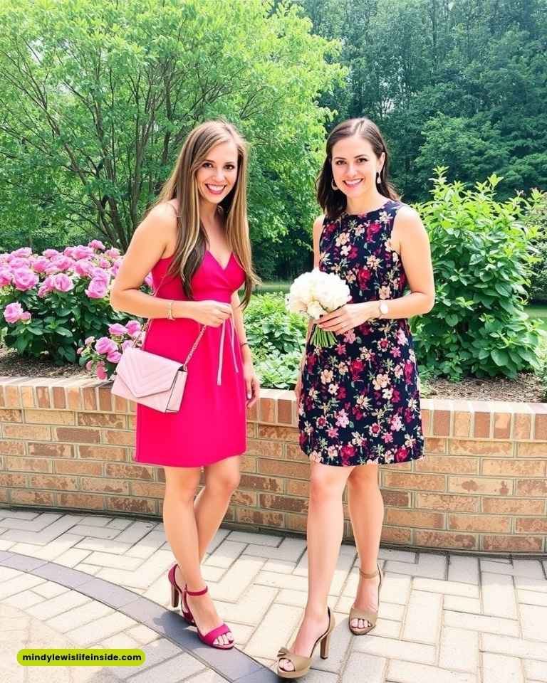 Two women smiling in a garden, one in a pink dress with a handbag, the other in a floral dress holding white flowers. Lush greenery and pink flowers around them.