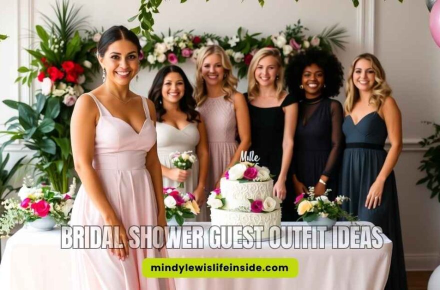Six smiling women in elegant dresses stand around a floral-decorated table with a cake. Pink balloons and lush greenery create a festive, joyful atmosphere.