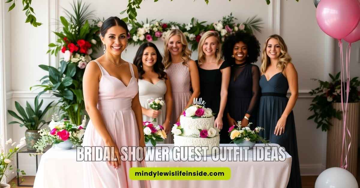 Six smiling women in elegant dresses stand around a floral-decorated table with a cake. Pink balloons and lush greenery create a festive, joyful atmosphere.