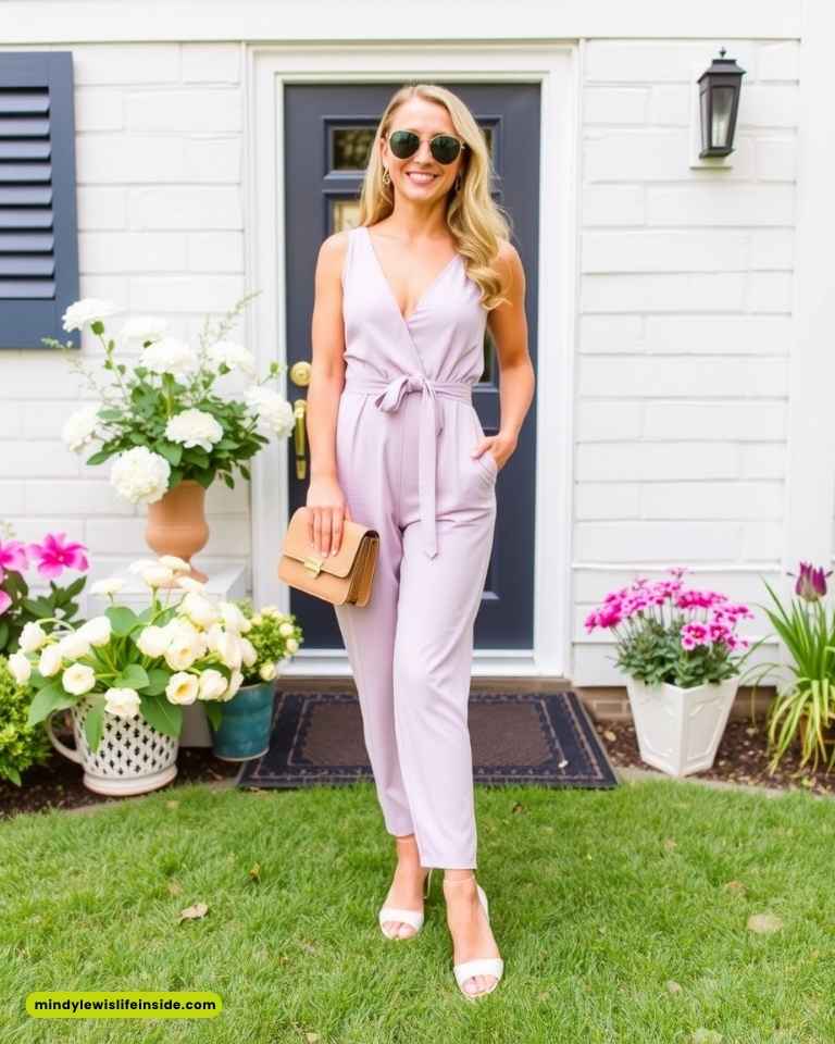 Smiling woman in a lilac jumpsuit stands on lush lawn. She's holding a tan clutch, wearing sunglasses, surrounded by blooming flowers near a white door.