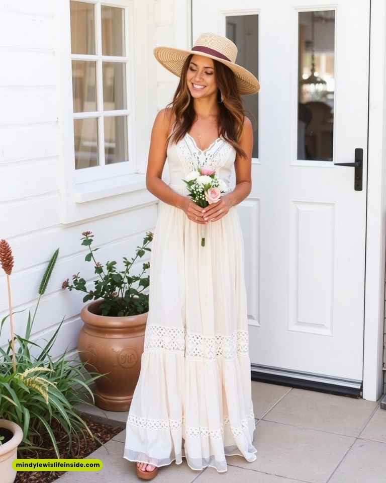 Woman in a flowing white dress and wide-brimmed hat holds a flower bouquet, smiling against a white house backdrop with potted plants.