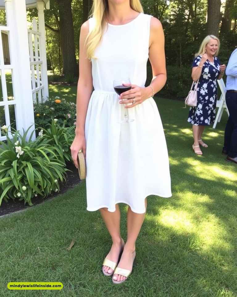 Woman in a sleeveless white dress holds a wine glass and clutch in a sunny garden setting. Lush greenery and smiling people in the background.