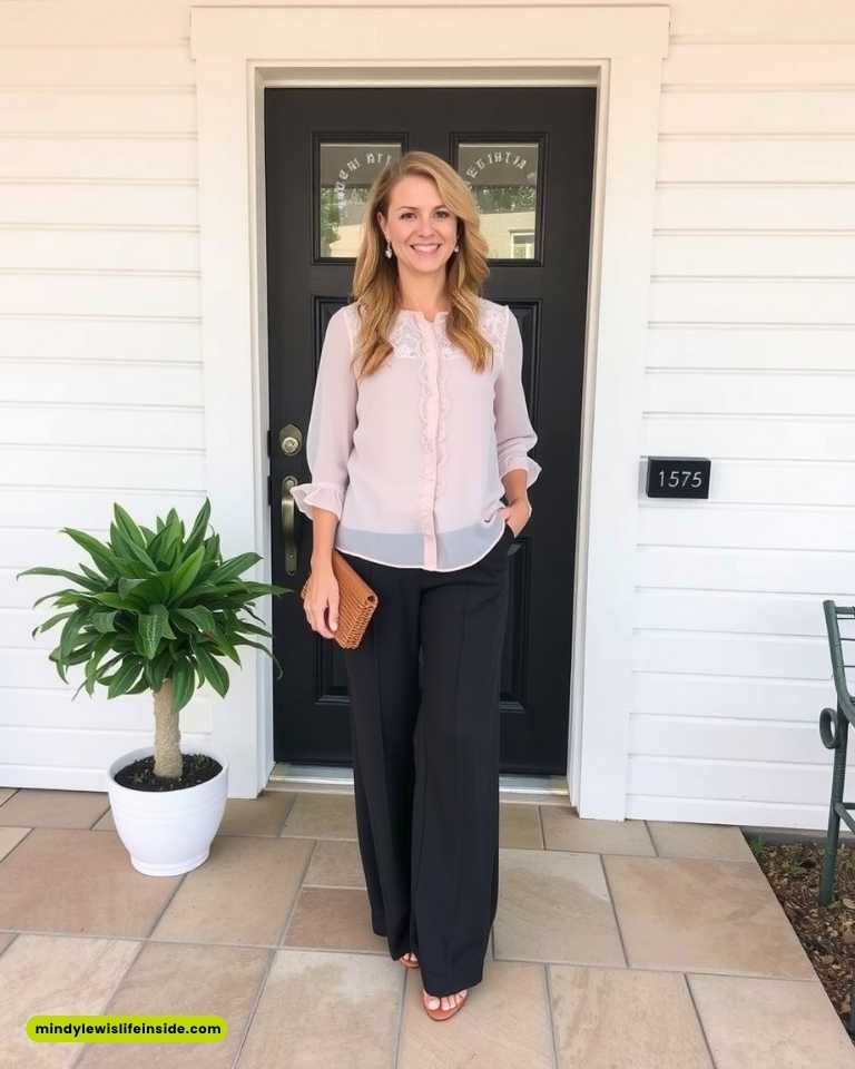 Smiling woman in a light pink blouse and black pants stands on a tiled porch, holding a brown clutch. Behind her is a black door, white siding, and a potted plant.