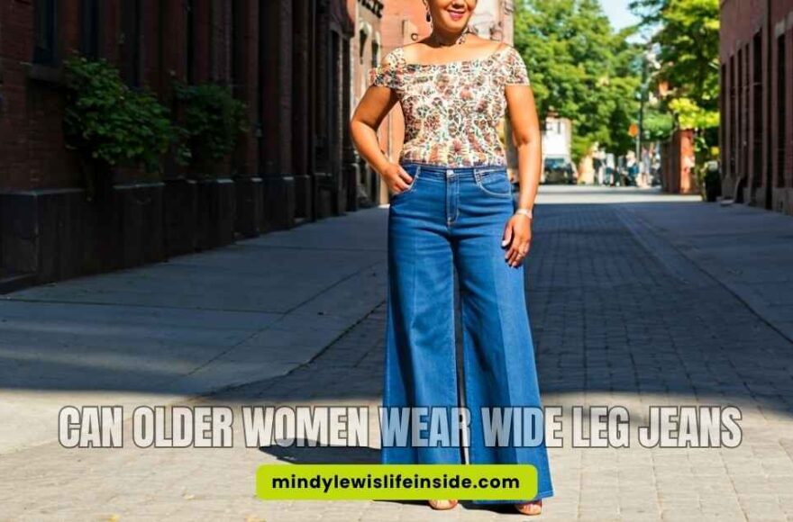 Older women confidently wearing wide-leg jeans, showcasing style and comfort in a casual setting.