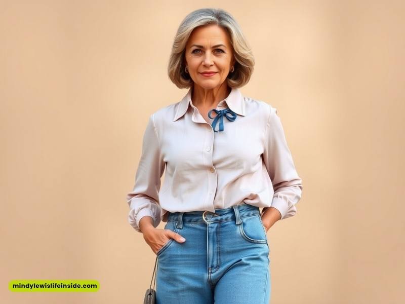 A woman wearing jeans and a blouse, showcasing a stylish outfit suitable for various occasions.
