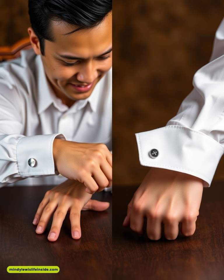 A smiling person in a white shirt adjusts their cufflinks, showcasing an elegant, polished look. The background is softly blurred, enhancing a warm, sophisticated mood.
