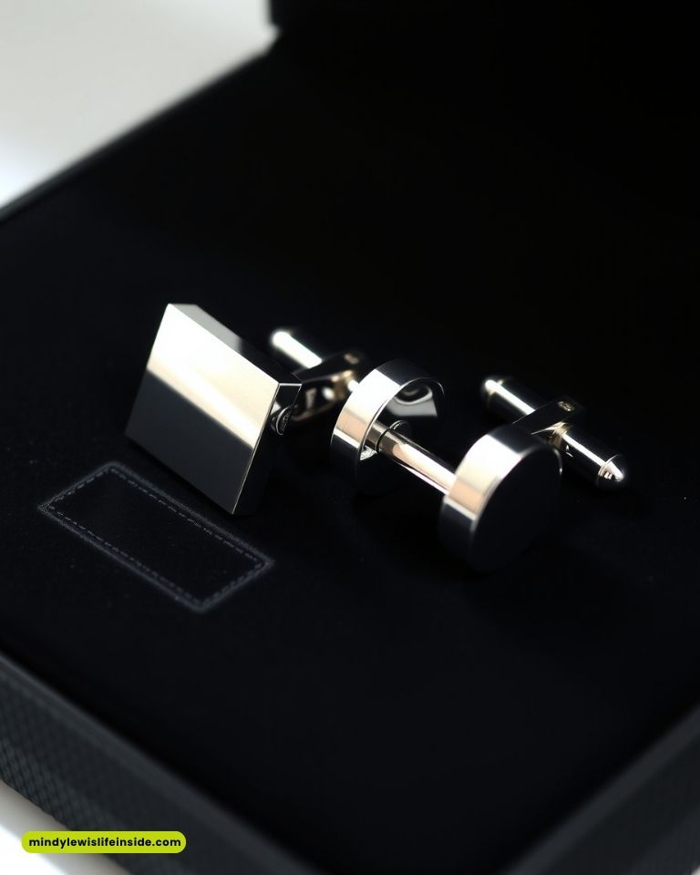 Elegant rectangular and circular cufflinks rest on black velvet, inside a box. The silver tones convey sophistication and luxury.
