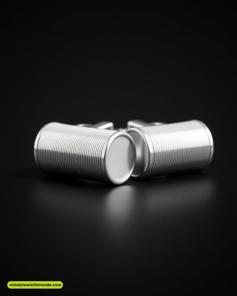 Two shiny silver tin cans are arranged side by side on a black reflective surface. The lighting highlights their metallic texture, conveying a sleek, modern tone.