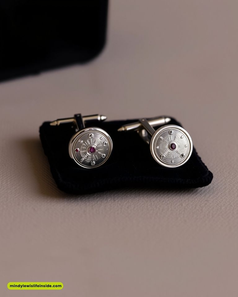 Silver cufflinks with intricate circular designs and central red gems rest on a dark velvet cushion. The scene is elegant and sophisticated.