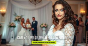 A bride in a white wedding dress stands in a serene setting, symbolizing the tradition of wearing white at weddings.