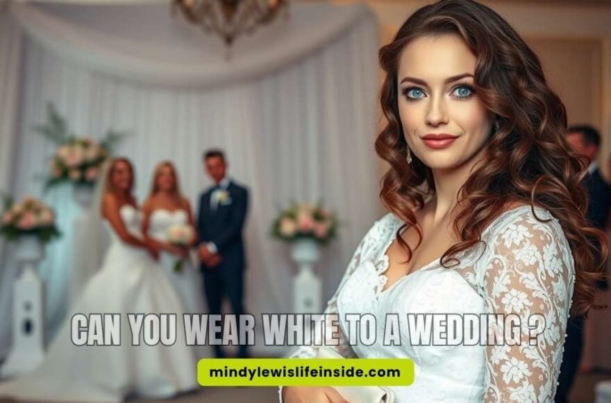 A bride in a white wedding dress stands in a serene setting, symbolizing the tradition of wearing white at weddings.