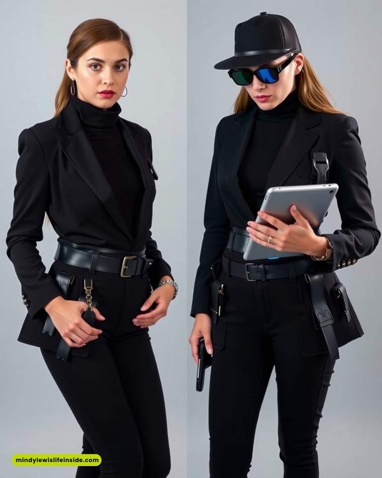 Two women dressed in sleek black outfits stand together, one holding a tablet, representing a detective versus suspect scenario.