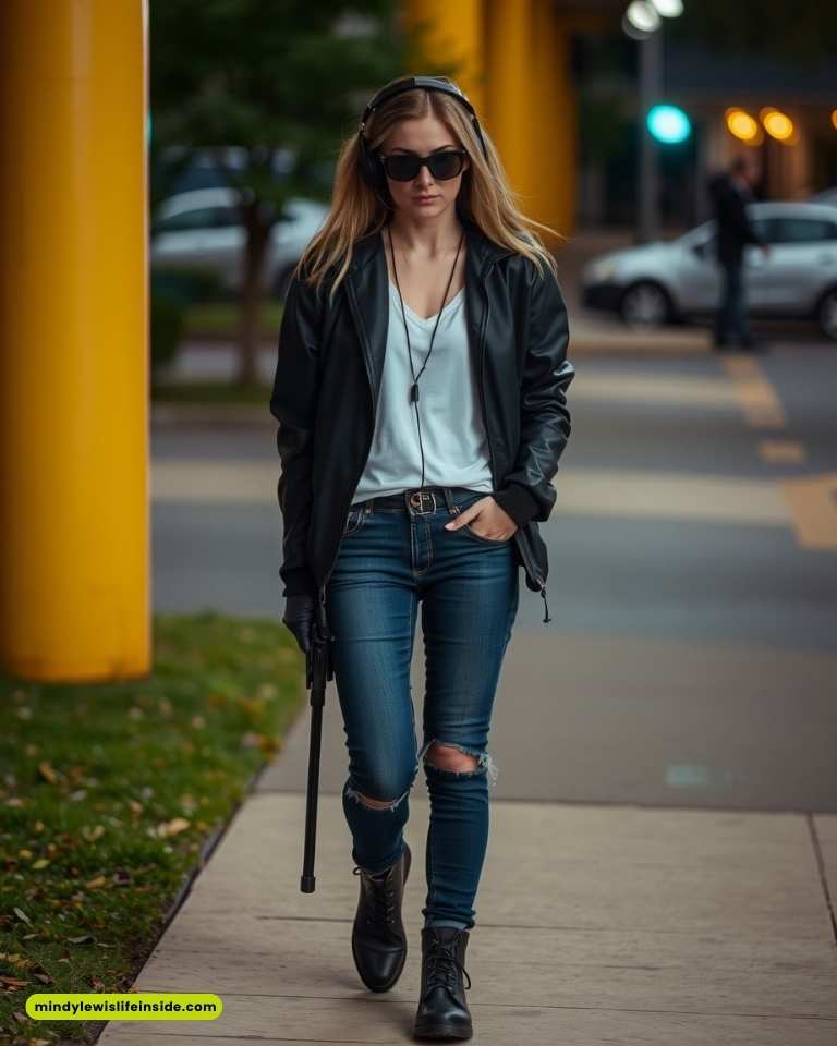 A woman in a chic jacket and jeans walks along the street, reflecting a stylish detective vs. suspect aesthetic.

