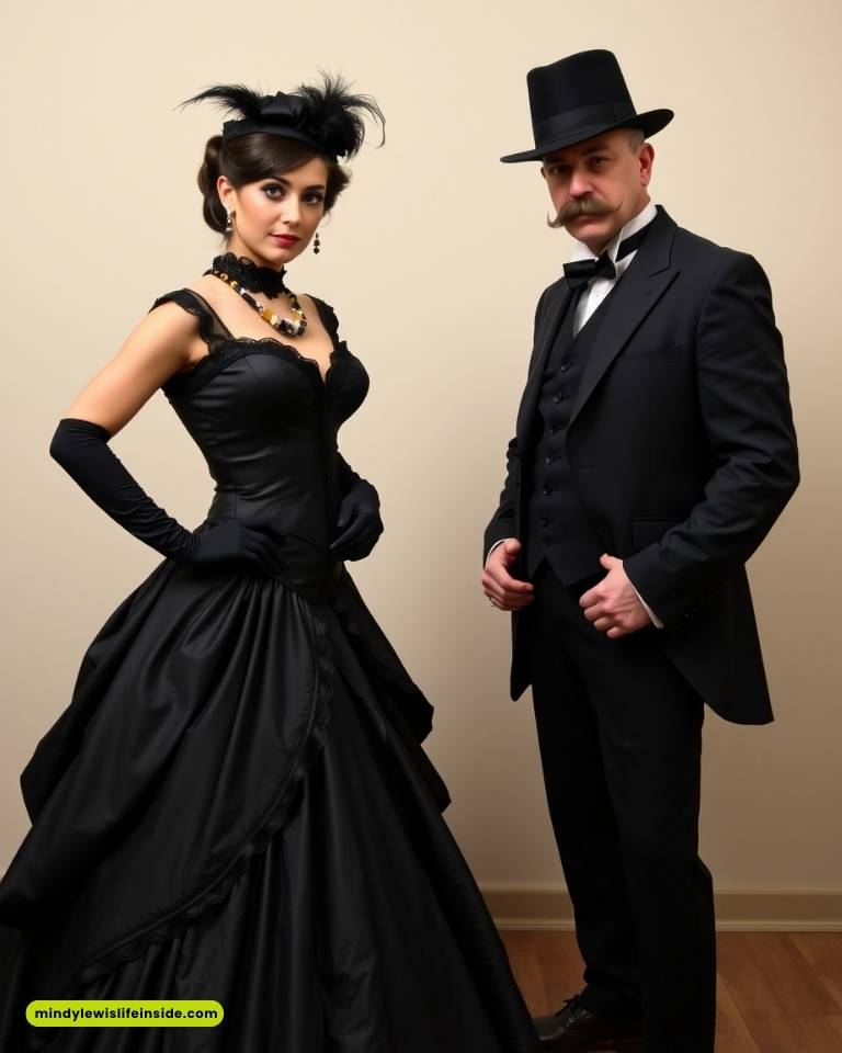 A man and woman in stylish black outfits pose together, embodying a detective and suspect theme for a photo.