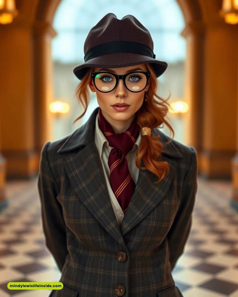 A stylish woman in a hat and glasses poses in a hallway, reflecting the theme of 'Detective Vs Suspect Dress To Impress.'