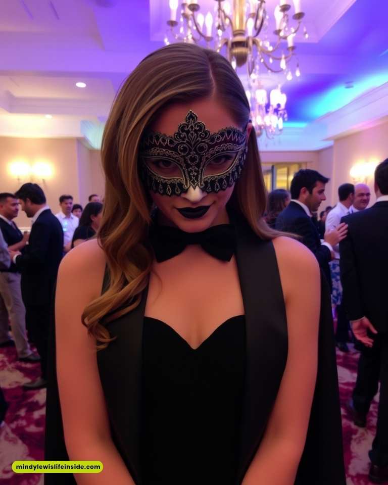 A woman in a black dress and mask poses elegantly at a party themed "Detective Vs Suspect Dress To Impress."