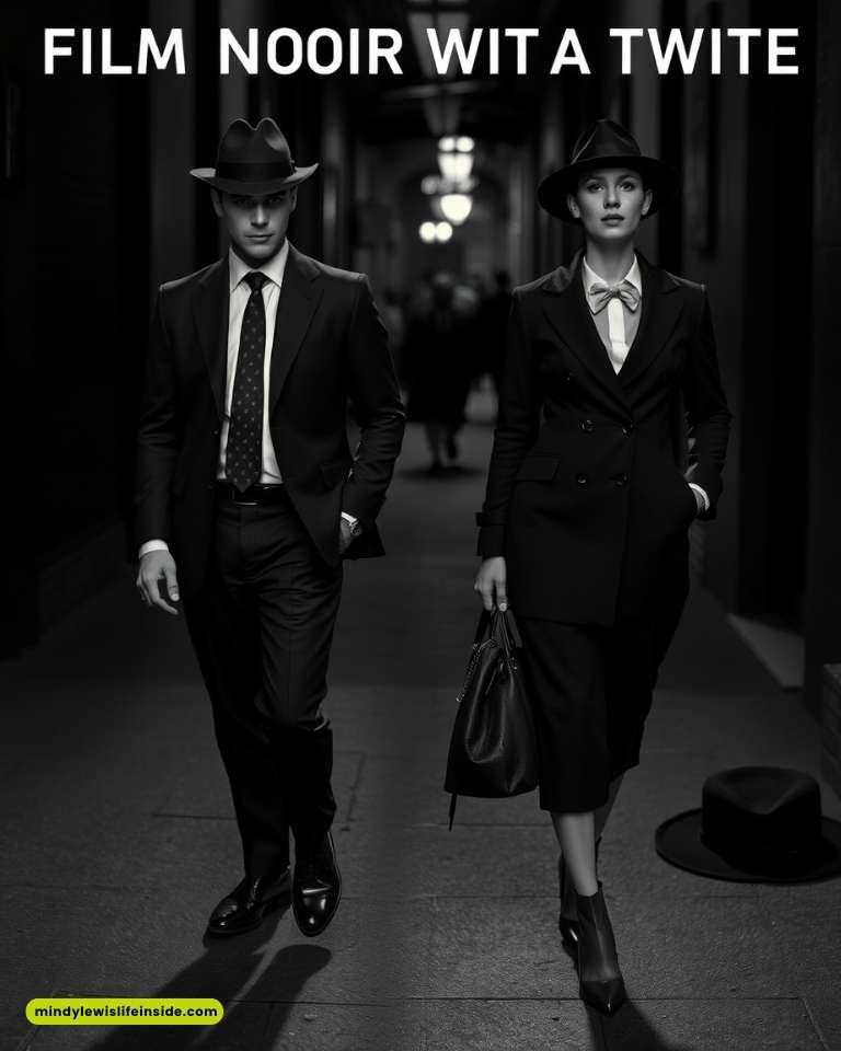 A woman in a black dress and mask poses elegantly at a party themed "Detective Vs Suspect Dress To Impress."