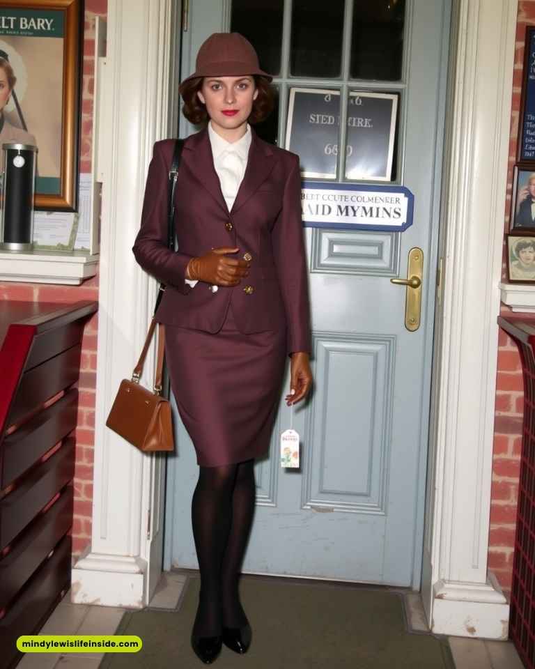 A woman dressed in a sharp suit and hat stands by a door, exuding confidence in a detective vs. suspect theme.
