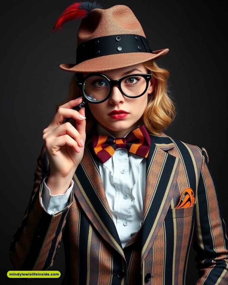 Dressed in a suit and bow tie, a woman examines with a magnifying glass, representing a chic detective in a themed setting.
