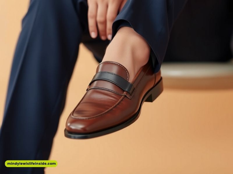 A person in a suit wearing brown loafers, contemplating whether to wear socks with them.
