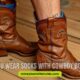 A cowboy boot displayed alongside the question, "Do you wear socks with cowboy boots?" exploring footwear choices.
