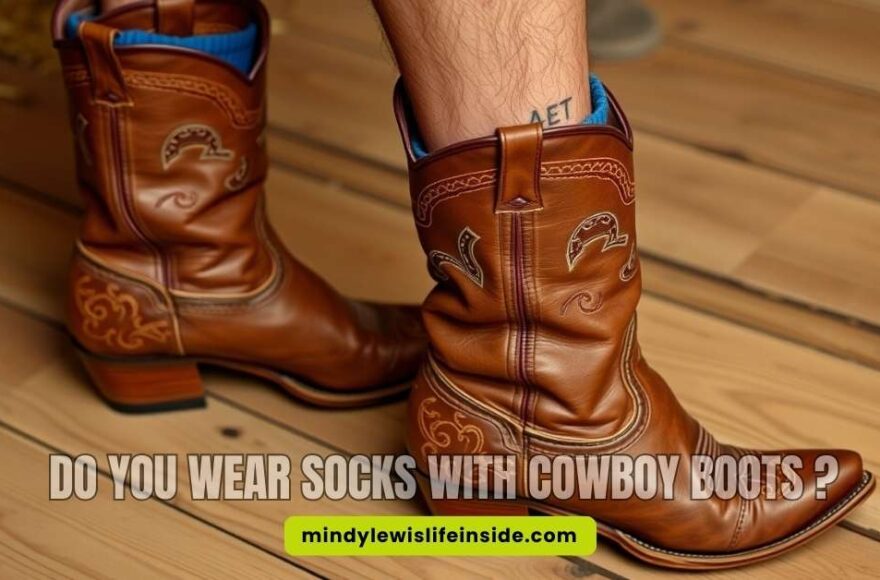 A cowboy boot displayed alongside the question, "Do you wear socks with cowboy boots?" exploring footwear choices.