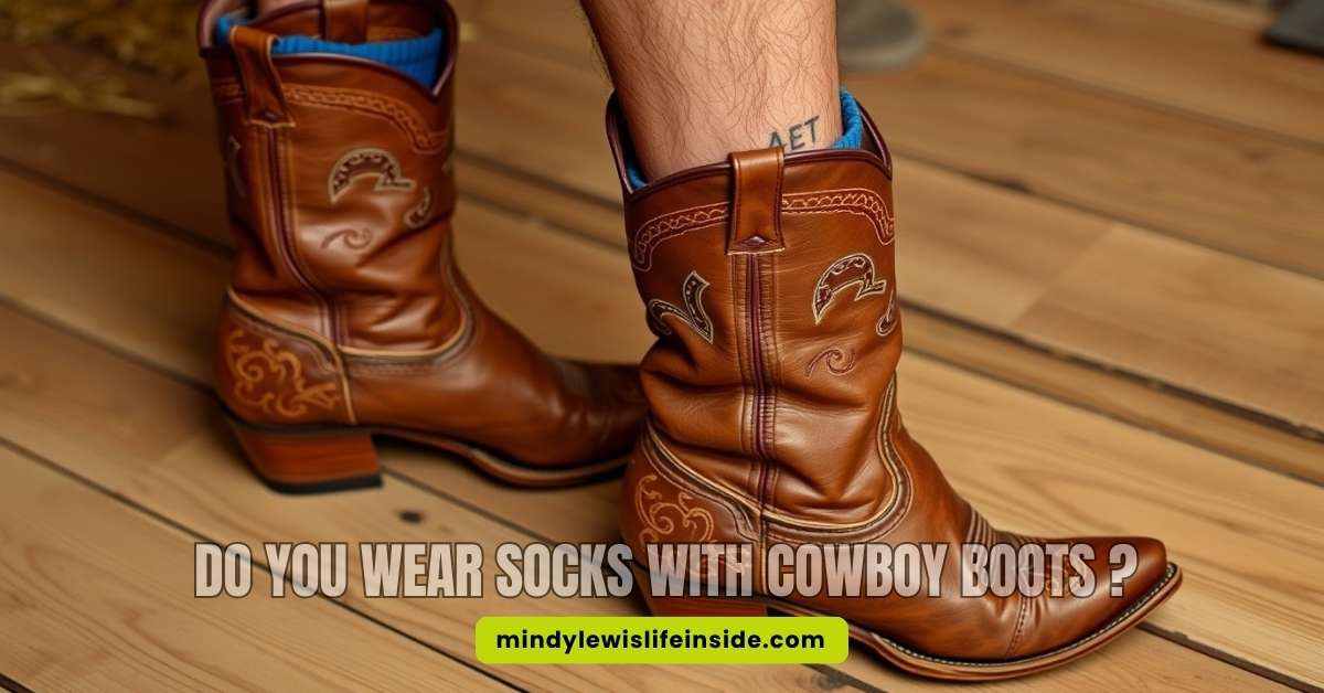 A cowboy boot displayed alongside the question, "Do you wear socks with cowboy boots?" exploring footwear choices.