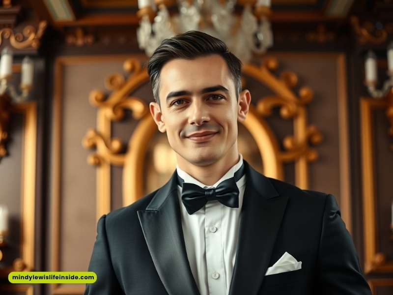 A man dressed in a tuxedo stands for a photo, exuding elegance and sophistication.
