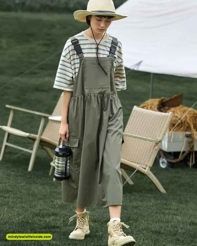 A woman wearing a hat and overalls walks on grass, embodying a stylish farm life aesthetic.