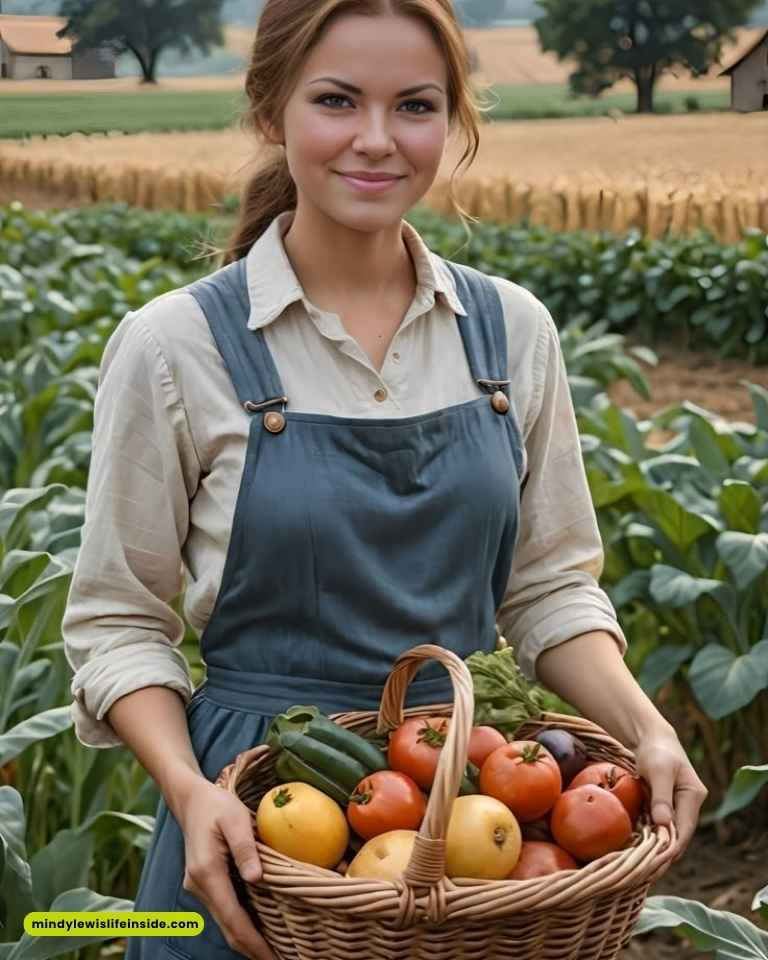  A woman in overalls smiles while holding a basket filled with fresh vegetables, embodying a vibrant farm life.