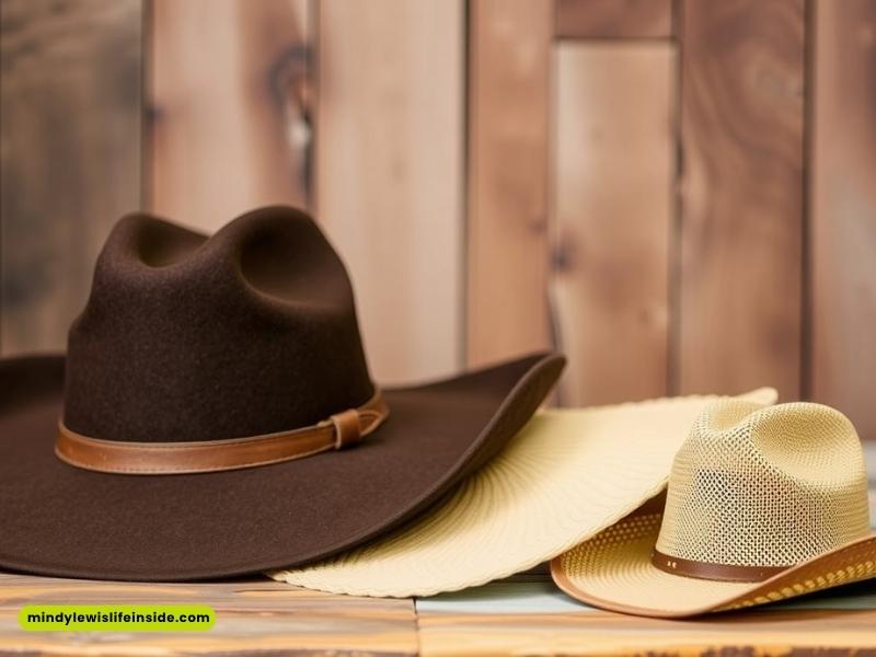 Three cowboy hats, including a felt hat and two straw hats, arranged on a wooden table.